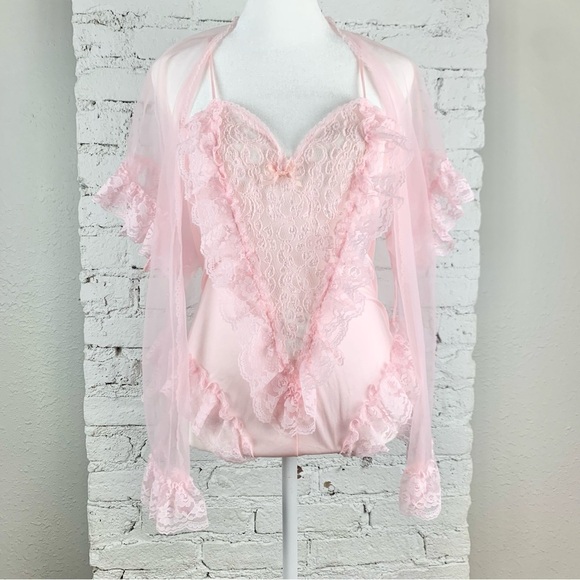 Alana Gale Intimates Nylon Pink Lace Ruffle Two Piece Teddy Robe Lingerie Set L - Picture 1 of 15
